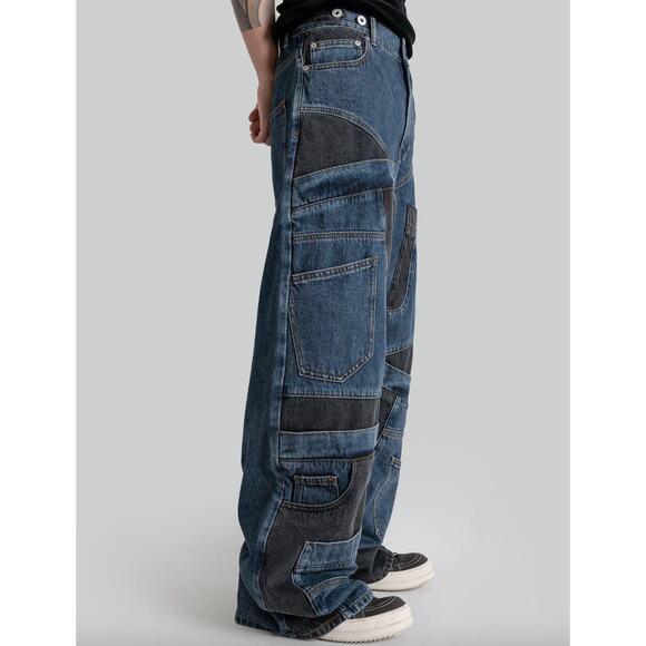 NEW Feng Chen Wang Men's Deconstructed Denim Pants Black Blue Size XL - Picture 10 of 10